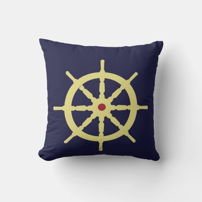 Yellow with Red Ship Helm in Navy Blue Background. Throw Pillow (Front)