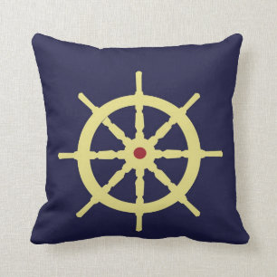Yellow with Red Ship Helm in Navy Blue Background. Throw Pillow