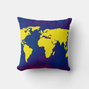 yellow world map on blue throw pillow