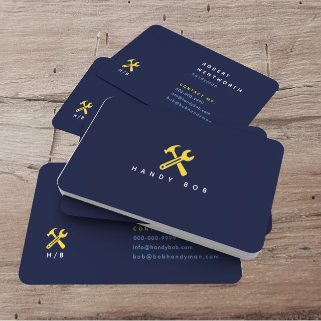Yellow Wrench & Hammer on Blue Simple Handyman Business Card (Creator Uploaded)
