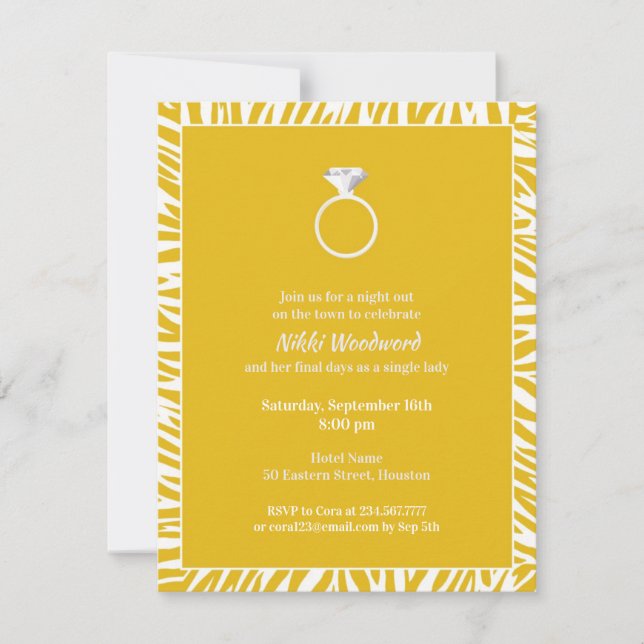 Yellow Zebra Bachelorette Party Flat Invitation (Front)