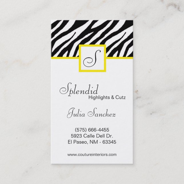 Yellow Zebra Print Personalize Business Card (Front)