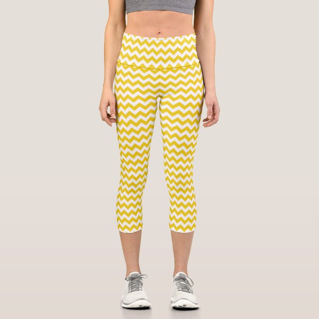Yellow Zigzag, Yellow Chevron, Geometric Pattern Capri Leggings (Front)