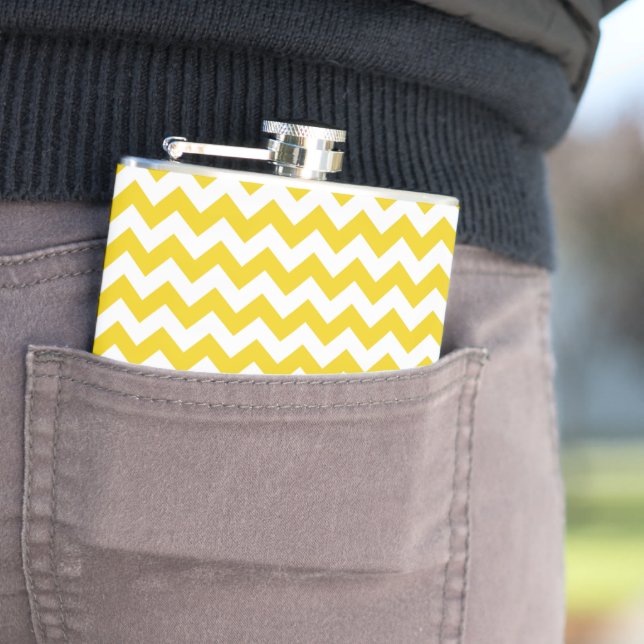 Yellow Zigzag, Yellow Chevron, Geometric Pattern Hip Flask (In Situ)