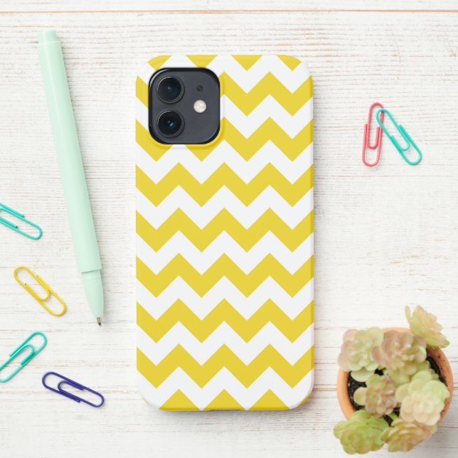 Yellow Zigzag, Yellow Chevron, Geometric Pattern iPhone Case (On Desk)