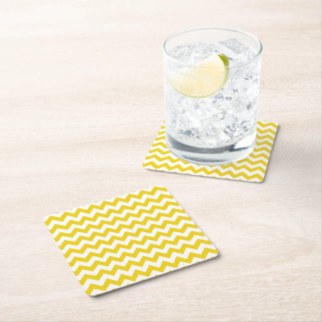 Yellow Zigzag, Yellow Chevron, Geometric Pattern Square Paper Coaster (Insitu)