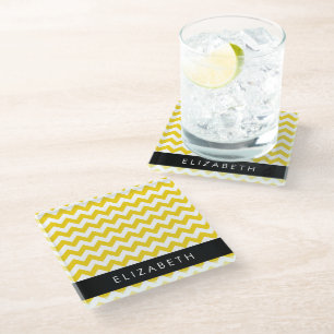 Yellow Zigzag, Yellow Chevron, Your Name Glass Coaster