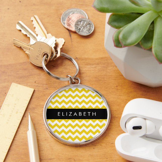 Yellow Zigzag, Yellow Chevron, Your Name Keychain (Desk)