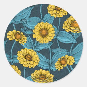 Yellow Zinnias on dark blue Classic Round Sticker