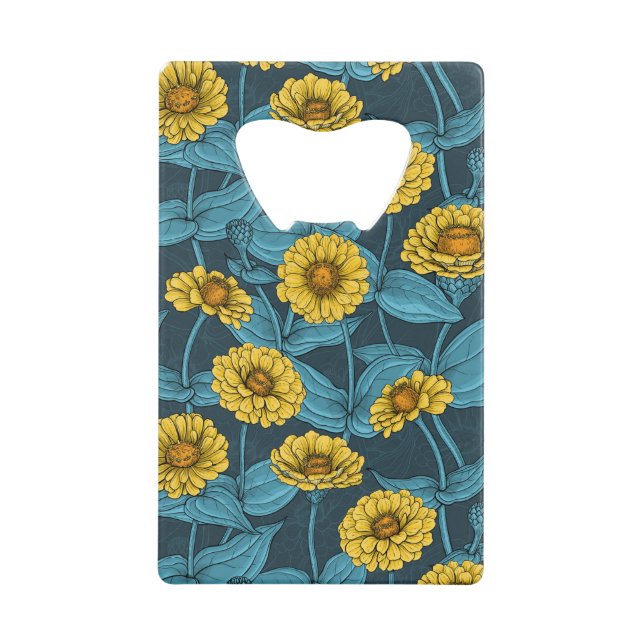 Yellow Zinnias on dark blue Credit Card Bottle Opener (Front)