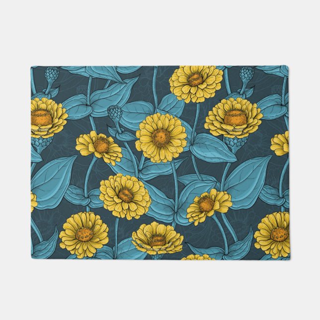 Yellow Zinnias on dark blue Doormat (Front)
