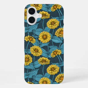 Yellow Zinnias on dark blue iPhone 16 Plus Case