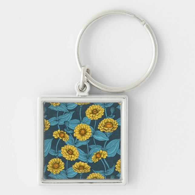 Yellow Zinnias on dark blue Keychain (Front)