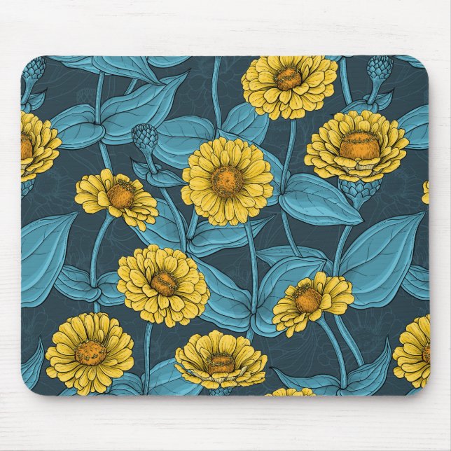 Yellow Zinnias on dark blue Mouse Pad (Front)