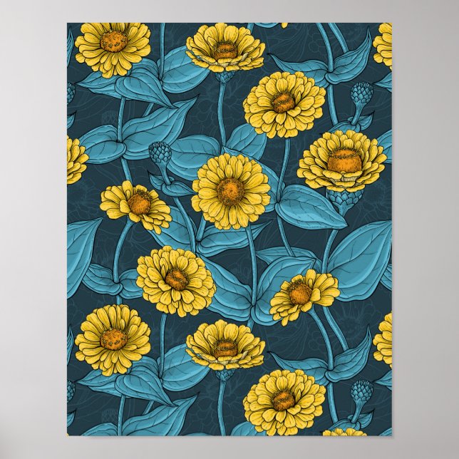Yellow Zinnias on dark blue Poster (Front)