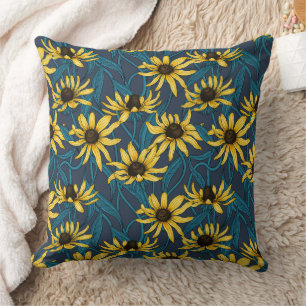 Yellow Zinnias on dark blue Throw Pillow