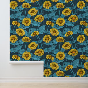 Yellow Zinnias on dark blue Wallpaper