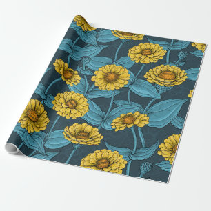 Yellow Zinnias on dark blue Wrapping Paper