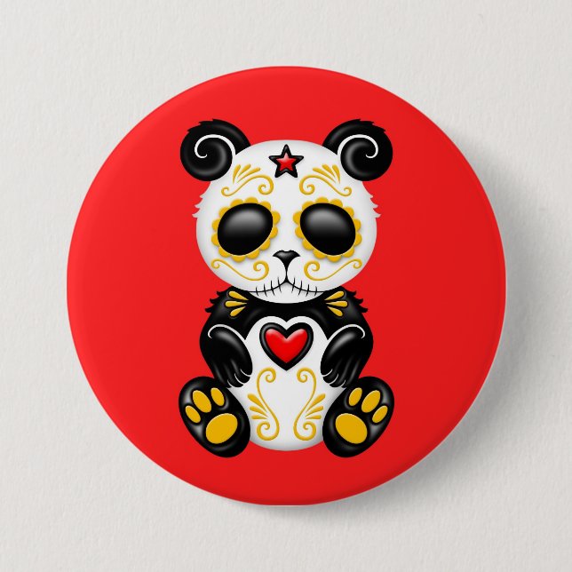 Yellow Zombie Sugar Panda on Red 3 Inch Round Button (Front)