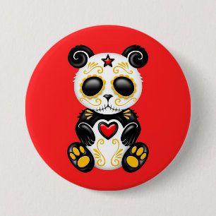 Yellow Zombie Sugar Panda on Red 3 Inch Round Button