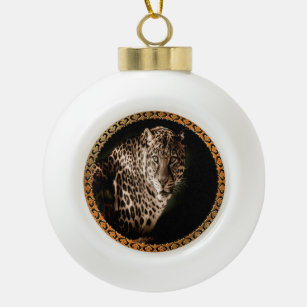 yellowish brown spotted leopard looking at you ceramic ball christmas ornament