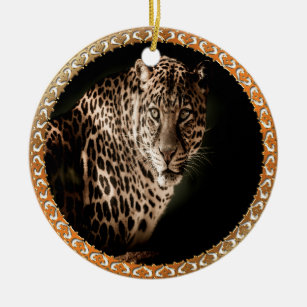 yellowish brown spotted leopard looking at you ceramic ornament