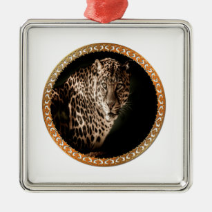 yellowish brown spotted leopard looking at you metal ornament