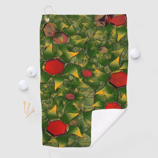 Yellowish virtual foliage carved with red hexagons golf towel (InSitu)