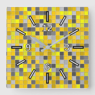 Yellows and Greys Tiled Squares Pattern Square Wall Clock