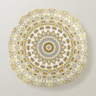 Yellows and White Mandala Kaleidoscope Medallion Round Pillow
