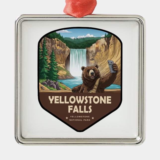 Yellowstone Falls Bear Selfie Shield Metal Ornament (Front)