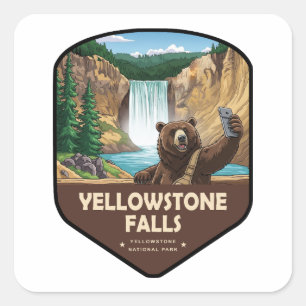 Yellowstone Falls Bear Selfie Shield Square Sticker