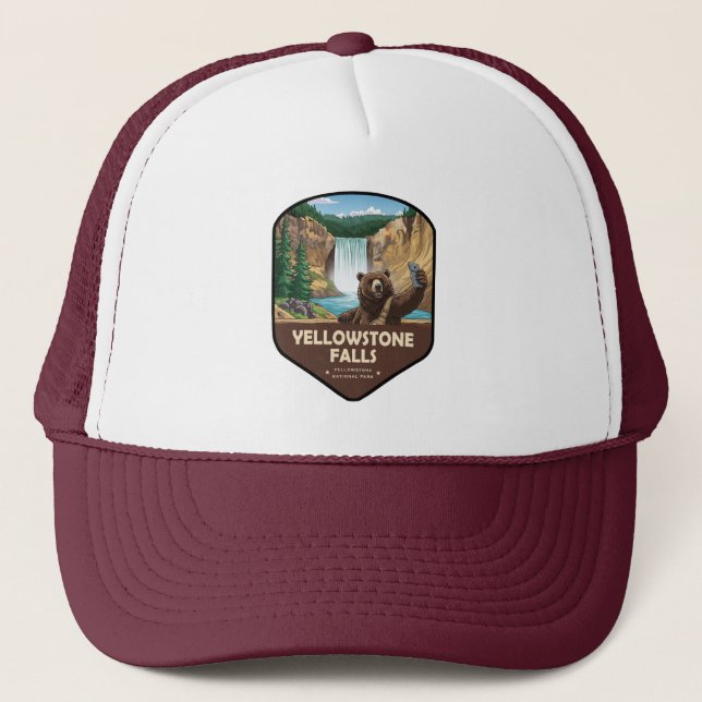 Yellowstone Falls Bear Selfie Shield Trucker Hat (Front)