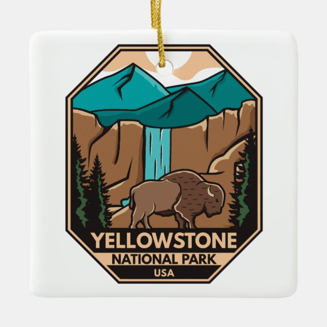 Yellowstone National Park Minimal Bison Retro Ceramic Ornament (Front)