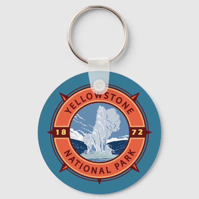 Yellowstone National Park Retro Compass Emblem Keychain (Front)