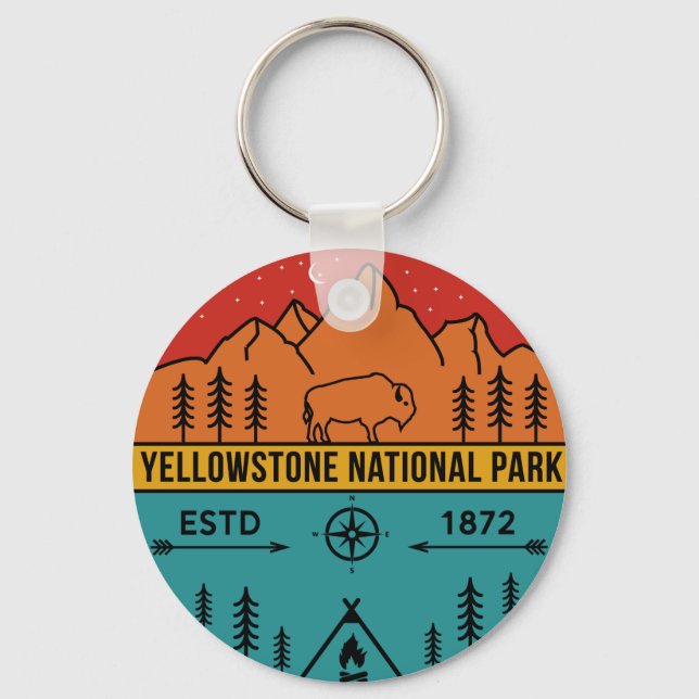 Yellowstone National Park Retro Wyoming USA Bison Keychain (Front)