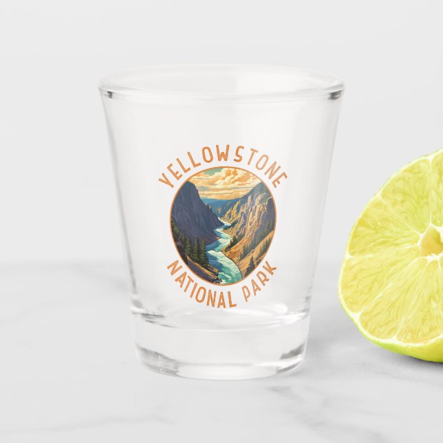Yellowstone National Park River Distressed Circle Shot Glass (Front)