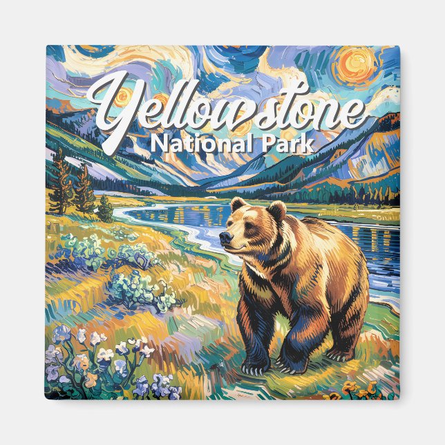 Yellowstone National Park Vintage Bear Van Gogh Magnet (Front)
