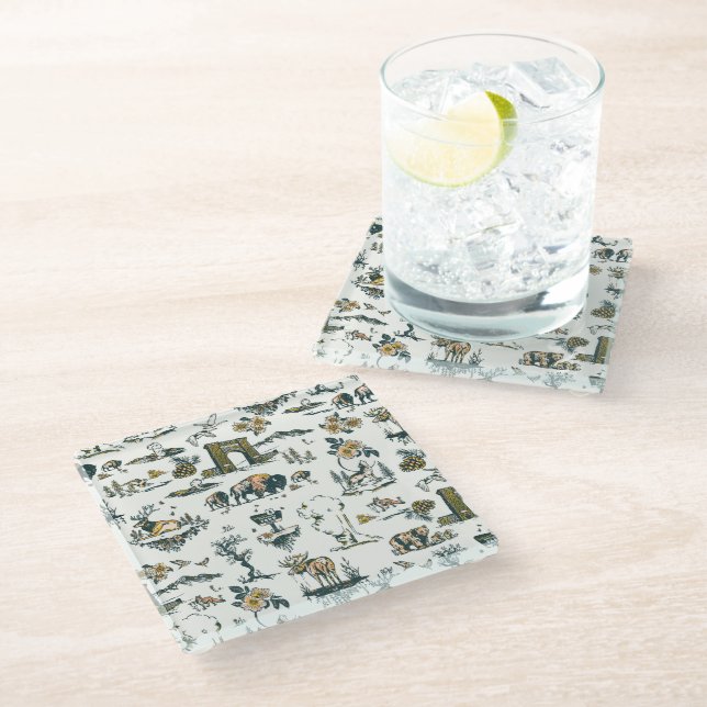 Yellowstone National Park Wildlife Pattern Glass Coaster (Angled)
