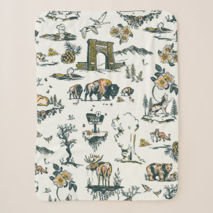 Yellowstone National Park Wildlife Pattern Sherpa Blanket