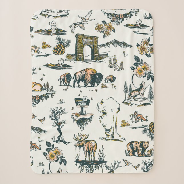 Yellowstone National Park Wildlife Pattern Sherpa Blanket (Front)