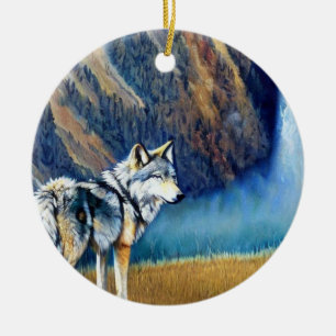 Yellowstone National Park Wolf Painting Ceramic Ornament