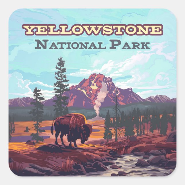 Yellowstone National Park Wyoming Bison Geyser Square Sticker (Front)