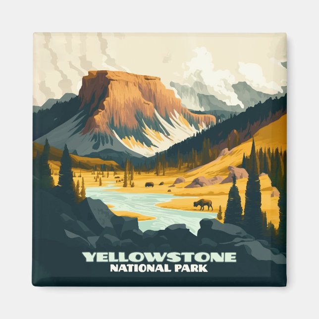 Yellowstone National Park Wyoming Mountains Retro Magnet (Front)