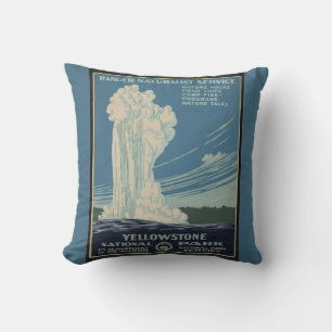 Yellowstone Old Faithful Park Vintage Poster Throw Pillow