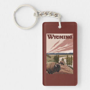 Yellowstone River Bison Vintage Travel Poster Keychain
