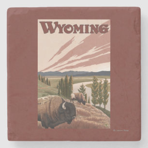 Yellowstone River Bison Vintage Travel Poster Stone Coaster