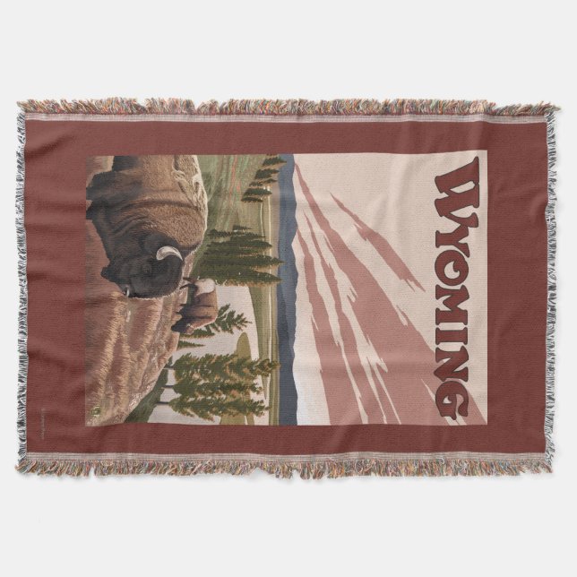 Yellowstone River Bison Vintage Travel Poster Throw Blanket (Front)