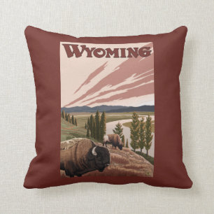 Yellowstone River Bison Vintage Travel Poster Throw Pillow