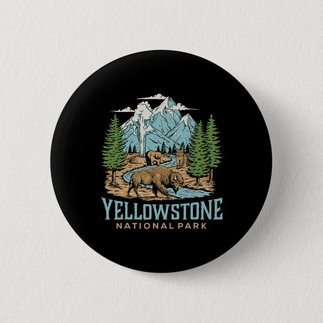 Yellowstone Us National Park Wolf Bison Bear Vinta 2 Inch Round Button (Front)